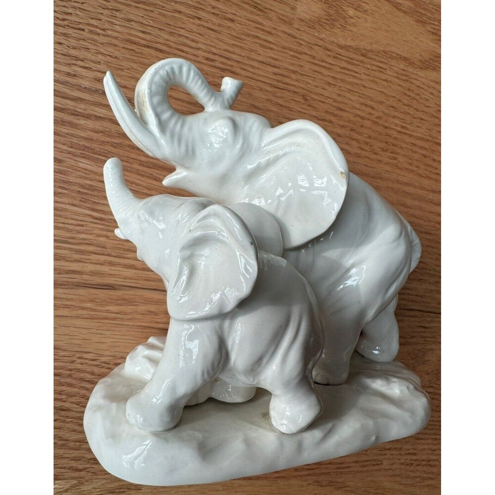 Vintage Elephant Figurine Mother & Baby Trunk Up Porcelain 5X6 Inches Japan